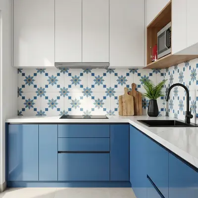 Modern kitchen walkthrough with blue and white laminate, white quartz countertop, and blue geometric patterned backsplash tiles