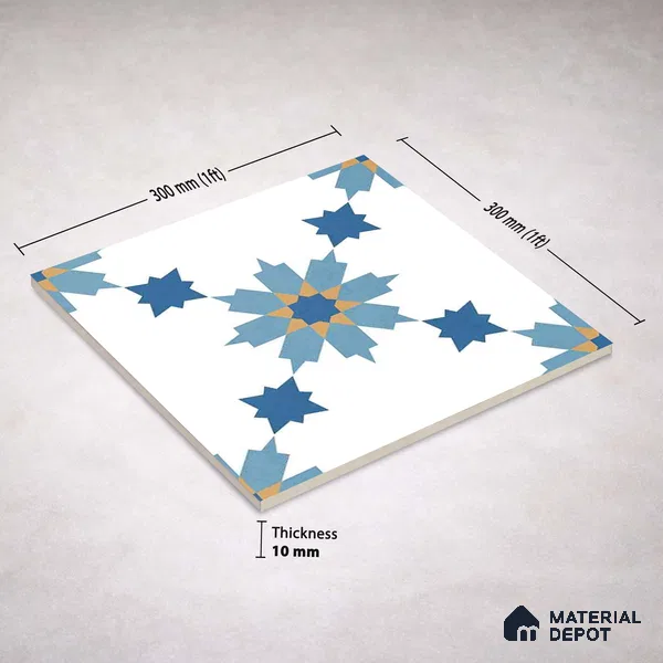 Moroccan Wall & Floor Tile TL 11122 Azure Star 1 ft x 1 ft Ceramic Matte Finish Tile - 10 mm | Suitable For Kitchen, Bathroom, Balcony