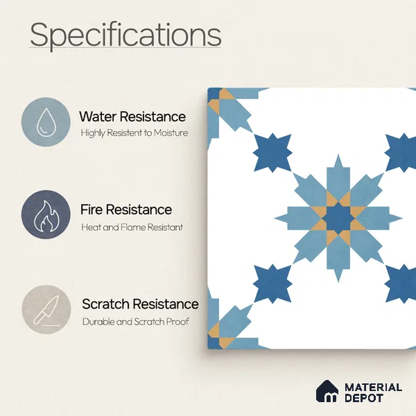 Moroccan Wall & Floor Tile TL 11122 Azure Star 1 ft x 1 ft Ceramic Matte Finish Tile - 10 mm | Suitable For Kitchen, Bathroom, Balcony