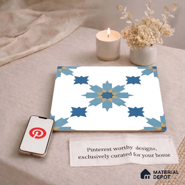 Moroccan Wall & Floor Tile TL 11122 Azure Star 1 ft x 1 ft Ceramic Matte Finish Tile - 10 mm | Suitable For Kitchen, Bathroom, Balcony