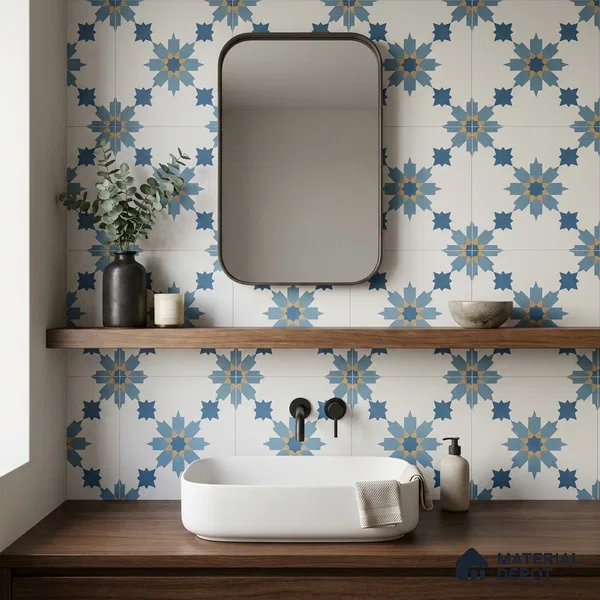 Moroccan Wall & Floor Tile TL 11122 Azure Star 1 ft x 1 ft Ceramic Matte Finish Tile - 10 mm | Suitable For Kitchen, Bathroom, Balcony