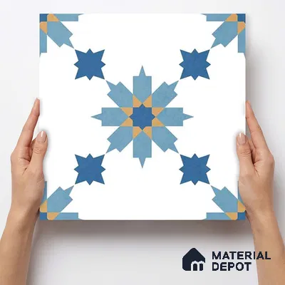 Moroccan Wall & Floor Tile TL 11122 Azure Star 1 ft x 1 ft Ceramic Matte Finish Tile - 10 mm | Suitable For Kitchen, Bathroom, Balcony
