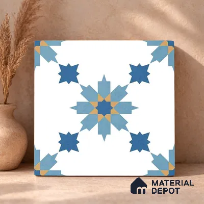 Moroccan Wall & Floor Tile TL 11122 Azure Star 1 ft x 1 ft Ceramic Matte Finish Tile - 10 mm | Suitable For Kitchen, Bathroom, Balcony