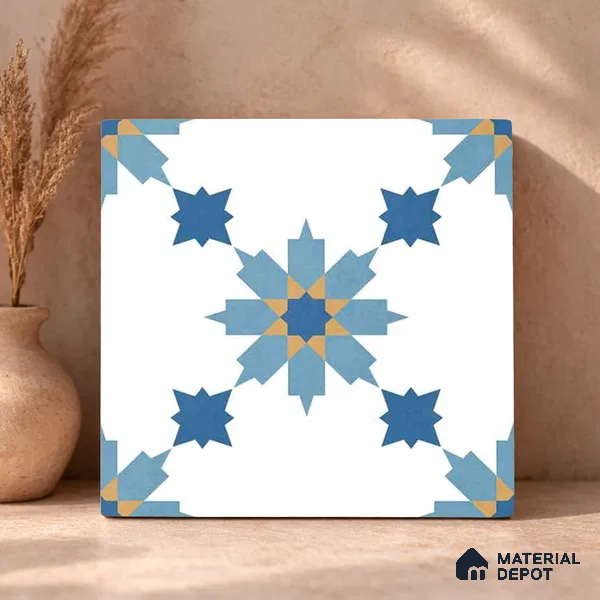 Moroccan Wall & Floor Tile TL 11122 Azure Star 1 ft x 1 ft Ceramic Matte Finish Tile - 10 mm | Suitable For Kitchen, Bathroom, Balcony