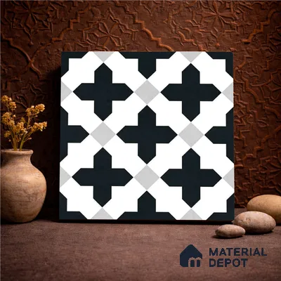 Moroccan Wall & Floor Tile TL 11135 Monochrome Cross 1 ft x 1 ft Ceramic Matte Finish Tile - 10 mm | Suitable For Kitchen, Bathroom, Balcony