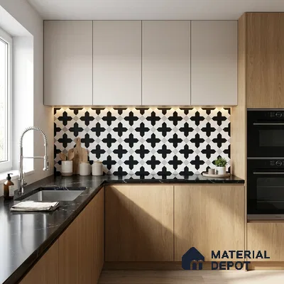 Moroccan Wall & Floor Tile TL 11135 Monochrome Cross 1 ft x 1 ft Ceramic Matte Finish Tile - 10 mm | Suitable For Kitchen, Bathroom, Balcony
