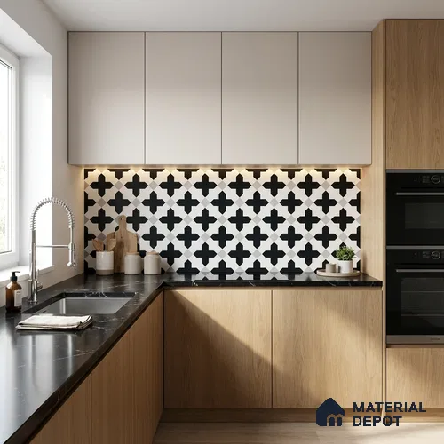 Moroccan Wall & Floor Tile TL 11135 Monochrome Cross 1 ft x 1 ft Ceramic Matte Finish Tile - 10 mm | Suitable For Kitchen, Bathroom, Balcony