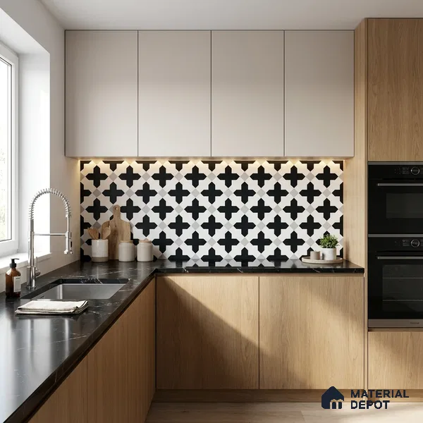 Moroccan Wall & Floor Tile TL 11135 Monochrome Cross 1 ft x 1 ft Ceramic Matte Finish Tile - 10 mm | Suitable For Kitchen, Bathroom, Balcony
