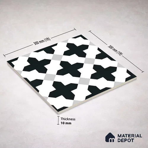 Moroccan Wall & Floor Tile TL 11135 Monochrome Cross 1 ft x 1 ft Ceramic Matte Finish Tile - 10 mm | Suitable For Bathroom, Balcony & Kitchen Backsplash