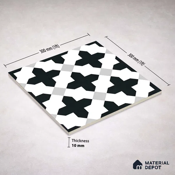 Moroccan Wall & Floor Tile TL 11135 Monochrome Cross 1 ft x 1 ft Ceramic Matte Finish Tile - 10 mm | Suitable For Kitchen, Bathroom, Balcony