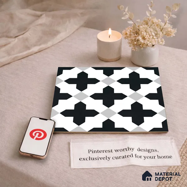Moroccan Wall & Floor Tile TL 11135 Monochrome Cross 1 ft x 1 ft Ceramic Matte Finish Tile - 10 mm | Suitable For Kitchen, Bathroom, Balcony