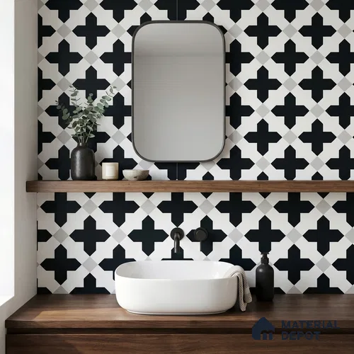 Moroccan Wall & Floor Tile TL 11135 Monochrome Cross 1 ft x 1 ft Ceramic Matte Finish Tile - 10 mm | Suitable For Bathroom, Balcony & Kitchen Backsplash