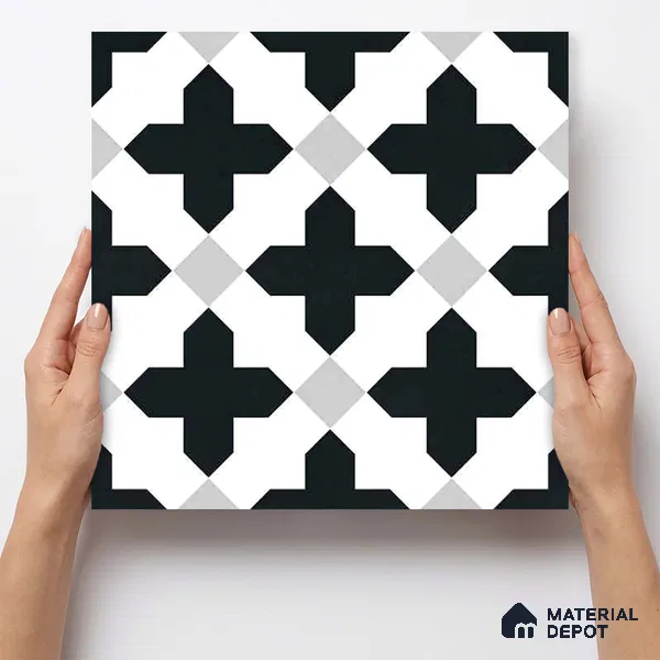 Moroccan Wall & Floor Tile TL 11135 Monochrome Cross 1 ft x 1 ft Ceramic Matte Finish Tile - 10 mm | Suitable For Kitchen, Bathroom, Balcony
