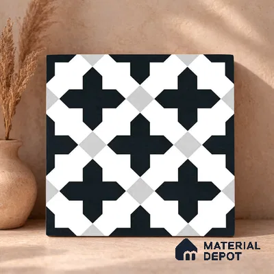 Moroccan Wall & Floor Tile TL 11135 Monochrome Cross 1 ft x 1 ft Ceramic Matte Finish Tile - 10 mm | Suitable For Kitchen, Bathroom, Balcony