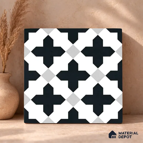 Moroccan Wall & Floor Tile TL 11135 Monochrome Cross 1 ft x 1 ft Ceramic Matte Finish Tile - 10 mm | Suitable For Kitchen, Bathroom, Balcony