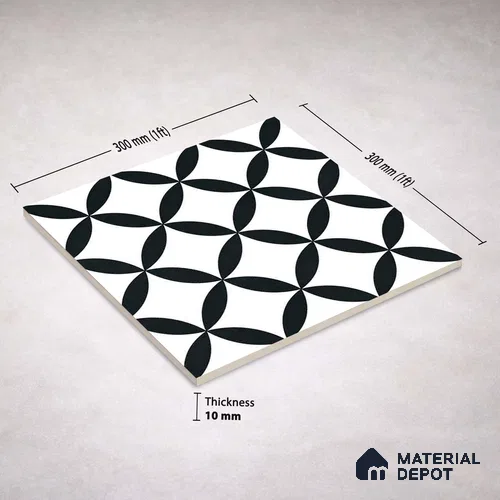 Moroccan Monochrome Wall & Floor Tile TL 11137 Noir Orbit 1 ft x 1 ft Ceramic Matte Finish Tile - 10 mm | Suitable For Kitchen, Bathroom, Balcony