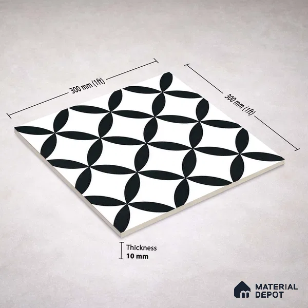 Moroccan Monochrome Wall & Floor Tile TL 11137 Noir Orbit 1 ft x 1 ft Ceramic Matte Finish Tile - 10 mm | Suitable For Bathroom, Balcony & Kitchen Backsplash (Sample)