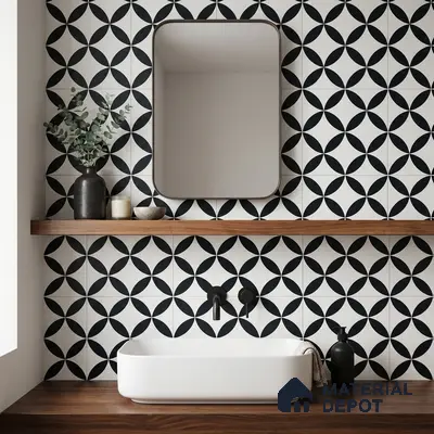 Modern bathroom walkthrough with black-and-white geometric wall tiles and walnut wood countertop