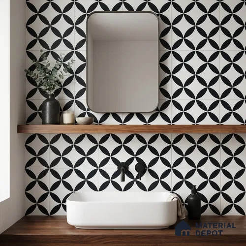 Moroccan Monochrome Wall & Floor Tile TL 11137 Noir Orbit 1 ft x 1 ft Ceramic Matte Finish Tile - 10 mm | Suitable For Bathroom, Balcony & Kitchen Backsplash