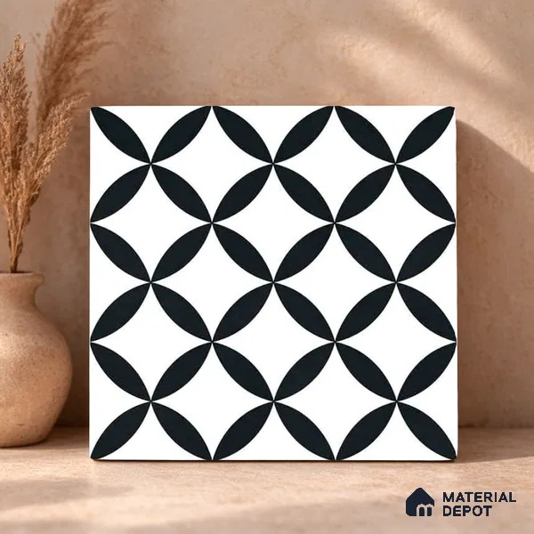 Moroccan Monochrome Wall & Floor Tile TL 11137 Noir Orbit 1 ft x 1 ft Ceramic Matte Finish Tile - 10 mm | Suitable For Bathroom, Balcony & Kitchen Backsplash (Sample)
