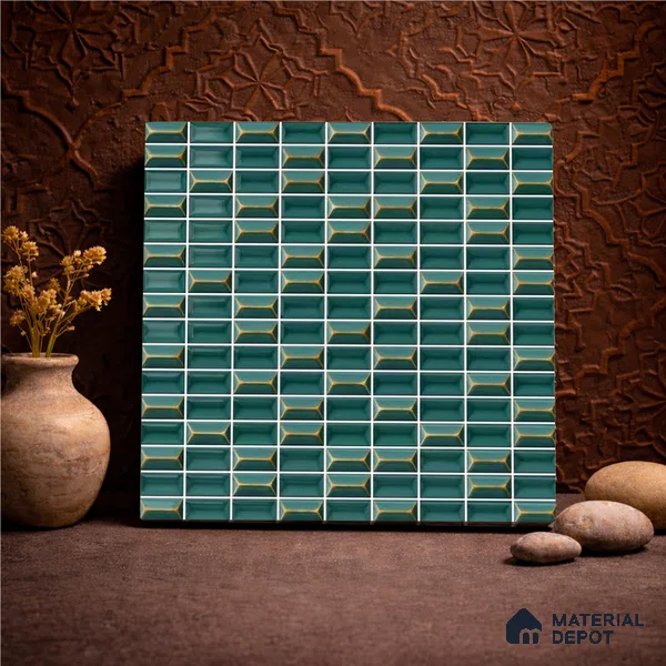 Faux Subway Wall Tile TL 11326 Emerald Prism 1 ft x 1 ft Ceramic Glossy Finish Tile - 10 mm | Suitable For Bathroom, Dining Area, Kitchen Backsplash