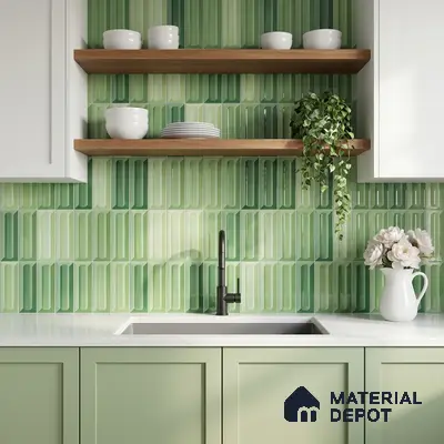 Modern bathroom walkthrough with green kitkat wall tiles, matte green floor tiles, and walnut floating vanity