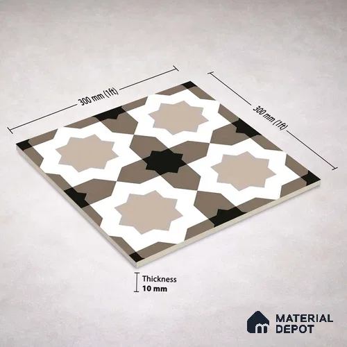 Moroccan Wall & Floor Tile TL 11114 Moorish Star 1 ft x 1 ft Ceramic Matte Finish Tile - 10 mm | Suitable For Bathroom, Balcony & Kitchen Backsplash