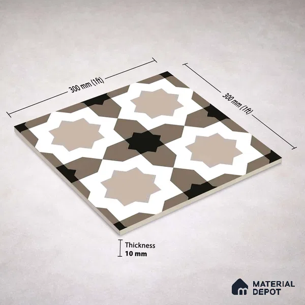 Moroccan Wall & Floor Tile TL 11114 Moorish Star 1 ft x 1 ft Ceramic Matte Finish Tile - 10 mm | Suitable For Kitchen, Bathroom, Balcony