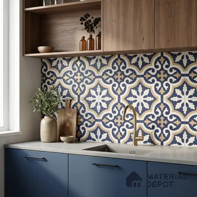 Moroccan Wall & Floor Tile TL 11104 Navy Baroque 1 ft x 1 ft Ceramic Matte Finish Tile - 10 mm | Suitable For Kitchen, Bathroom, Balcony