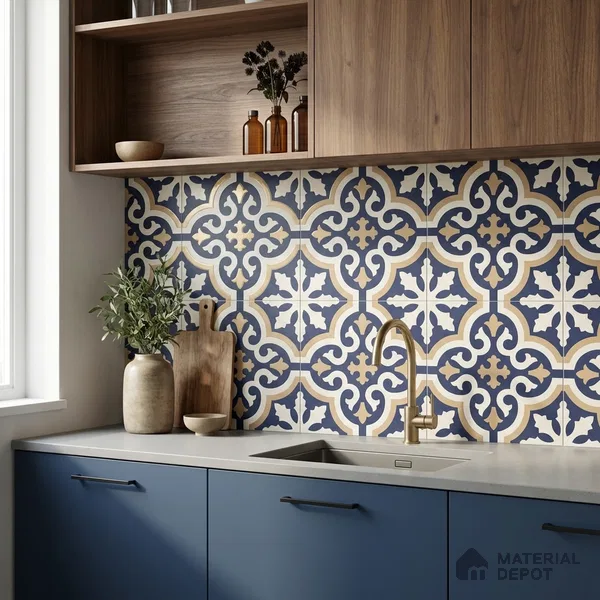 Moroccan Wall & Floor Tile TL 11104 Navy Baroque 1 ft x 1 ft Ceramic Matte Finish Tile - 10 mm | Suitable For Kitchen, Bathroom, Balcony