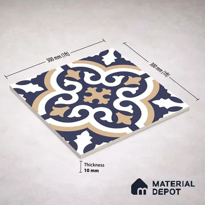 Moroccan Wall & Floor Tile TL 11104 Navy Baroque 1 ft x 1 ft Ceramic Matte Finish Tile - 10 mm | Suitable For Kitchen, Bathroom, Balcony