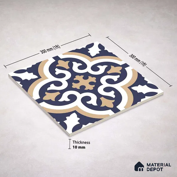 Moroccan Wall & Floor Tile TL 11104 Navy Baroque 1 ft x 1 ft Ceramic Matte Finish Tile - 10 mm | Suitable For Kitchen, Bathroom, Balcony