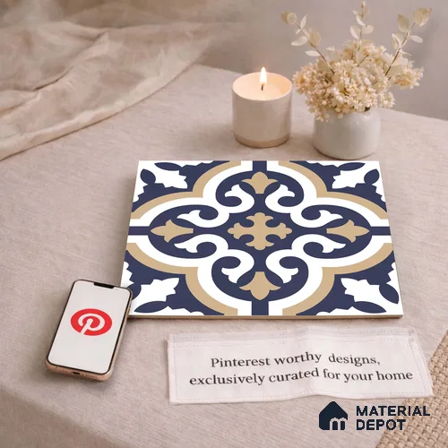 Moroccan Wall & Floor Tile TL 11104 Navy Baroque 1 ft x 1 ft Ceramic Matte Finish Tile - 10 mm | Suitable For Kitchen, Bathroom, Balcony