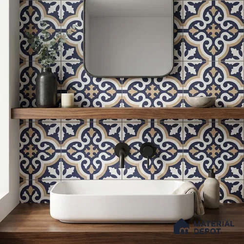 Moroccan Wall & Floor Tile TL 11104 Navy Baroque 1 ft x 1 ft Ceramic Matte Finish Tile - 10 mm | Suitable For Kitchen, Bathroom, Balcony