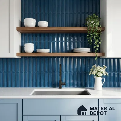 Modern bathroom walkthrough with blue geometric wall tiles, wooden vanity, and matte black fixtures