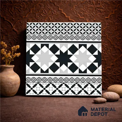 Moroccan Wall & Floor Carpet Border Tile TL 11153 Monochrome Majlis 1 ft x 1 ft Ceramic Matte Finish Tile - 10 mm | Suitable For Living Room, Kitchen, Dining Area