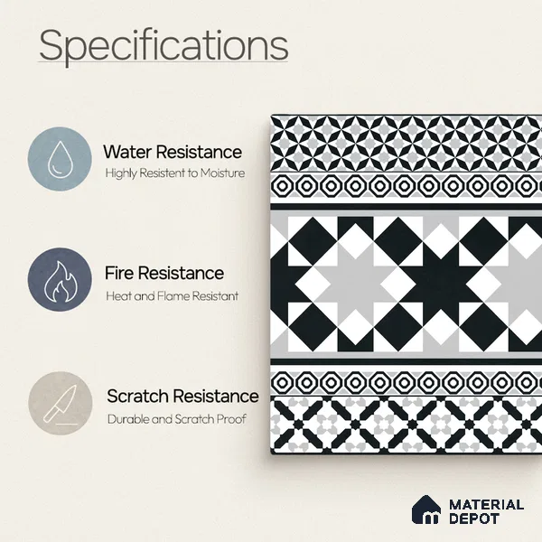 Moroccan Wall & Floor Carpet Border Tile TL 11153 Monochrome Majlis 1 ft x 1 ft Ceramic Matte Finish Tile - 10 mm | Suitable For Living Room, Kitchen, Dining Area