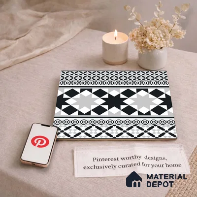 Moroccan Wall & Floor Carpet Border Tile TL 11153 Monochrome Majlis 1 ft x 1 ft Ceramic Matte Finish Tile - 10 mm | Suitable For Living Room, Kitchen, Dining Area