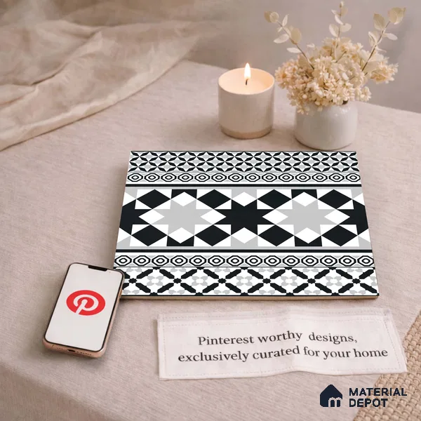 Moroccan Wall & Floor Carpet Border Tile TL 11153 Monochrome Majlis 1 ft x 1 ft Ceramic Matte Finish Tile - 10 mm | Suitable For Living Room, Kitchen, Dining Area