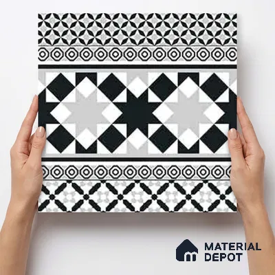 Moroccan Wall & Floor Carpet Border Tile TL 11153 Monochrome Majlis 1 ft x 1 ft Ceramic Matte Finish Tile - 10 mm | Suitable For Living Room, Kitchen, Dining Area