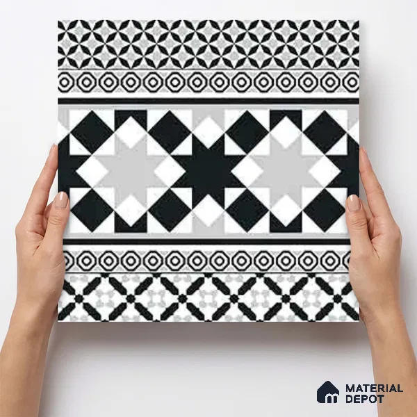Moroccan Wall & Floor Carpet Border Tile TL 11153 Monochrome Majlis 1 ft x 1 ft Ceramic Matte Finish Tile - 10 mm | Suitable For Living Room, Kitchen, Dining Area