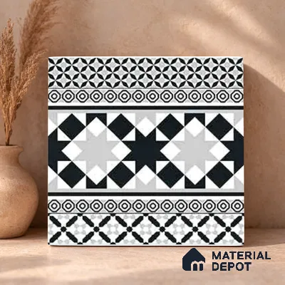 Moroccan Wall & Floor Carpet Border Tile TL 11153 Monochrome Majlis 1 ft x 1 ft Ceramic Matte Finish Tile - 10 mm | Suitable For Living Room, Kitchen, Dining Area