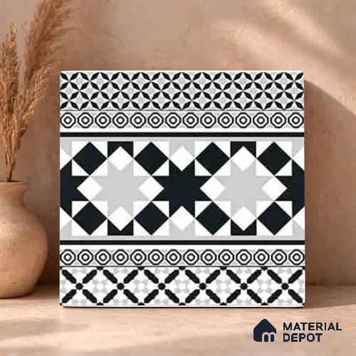 Moroccan Wall & Floor Carpet Border Tile TL 11153 Monochrome Majlis 1 ft x 1 ft Ceramic Matte Finish Tile - 10 mm | Suitable For Living Room, Kitchen, Dining Area