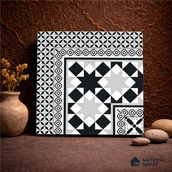 Moroccan Wall & Floor Carpet Corner Tile TL 11154 Monochrome Kasbah 1 ft x 1 ft Ceramic Matte Finish Tile - 10 mm | Suitable For Living Room, Kitchen, Dining Area