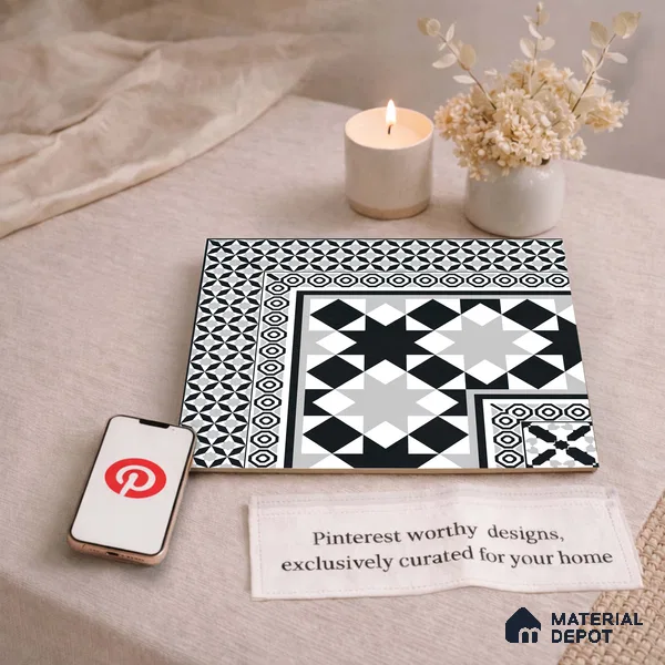 Moroccan Wall & Floor Carpet Corner Tile TL 11154 Monochrome Kasbah 1 ft x 1 ft Ceramic Matte Finish Tile - 10 mm | Suitable For Living Room, Kitchen, Dining Area