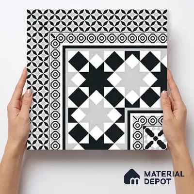 Moroccan Wall & Floor Carpet Corner Tile TL 11154 Monochrome Kasbah 1 ft x 1 ft Ceramic Matte Finish Tile - 10 mm | Suitable For Living Room, Kitchen, Dining Area