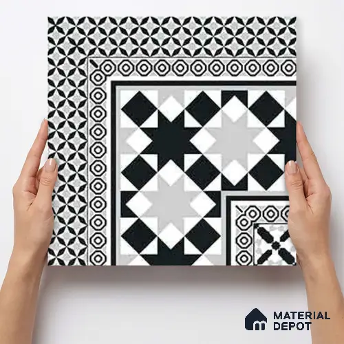 Moroccan Wall & Floor Carpet Corner Tile TL 11154 Monochrome Kasbah 1 ft x 1 ft Ceramic Matte Finish Tile - 10 mm | Suitable For Living Room, Kitchen, Dining Area