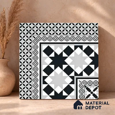 Moroccan Wall & Floor Carpet Corner Tile TL 11154 Monochrome Kasbah 1 ft x 1 ft Ceramic Matte Finish Tile - 10 mm | Suitable For Living Room, Kitchen, Dining Area