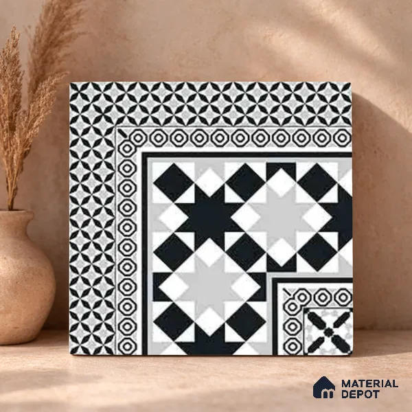 Moroccan Wall & Floor Carpet Corner Tile TL 11154 Monochrome Kasbah 1 ft x 1 ft Ceramic Matte Finish Tile - 10 mm | Suitable For Living Room, Kitchen, Dining Area
