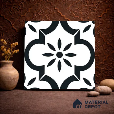 Moroccan Monochrome Wall & Floor Tile TL 11141 Noir Petal 1 ft x 1 ft Ceramic Matte Finish Tile - 10 mm | Suitable For Kitchen, Bathroom, Balcony